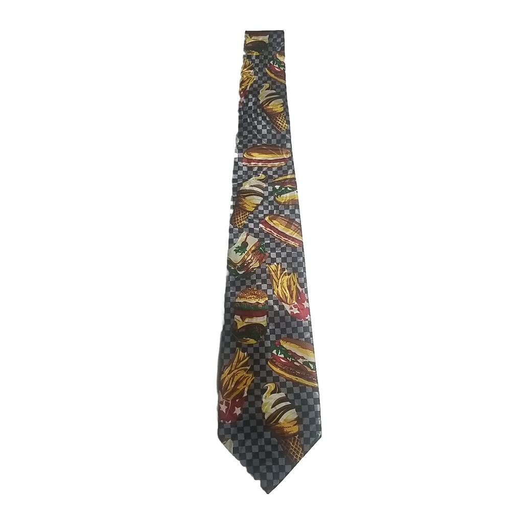 Vintage Everyday American Food Hamburger Hotdog Fries Hand Made Blue Neck Tie